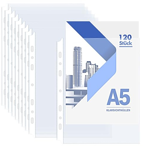 Aneco 120 Stück Klarsichthüllen A5, 7-fach gelochte Prospekthüllen A5 Glasklar, Extra Starke Dokumentenhüllen, Transparente Plastikfolien für Büro Schule Ordner Archiv