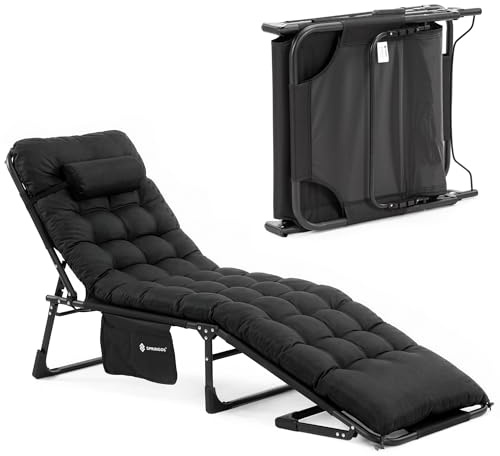 SPRINGOS Klappbare Sonnenliege Gartenliege Campingliege Relaxliege mit Auflage Kopfkissen Seitentasche Verstellbare Rückenlehne Feldbett Outdoor Liegestuhl Grau