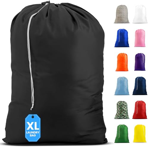 Nylon XL Laundry Bag, Large Capacity with Locking Drawstring, Machine Washable, Fits Laundry Baskets or Hampers, Holds 2 Loads of Clothes (Black, 30 x 40)