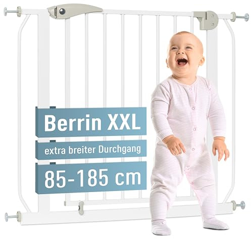 ib style Türschutzgitter Berrin XXL 85-185 - Extra breiter Durchgang, Treppenschutzgitter für Babys, Zum Klemmen, Ohne Bohren, 115-125 cm, Weiß