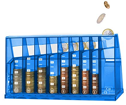 ECB Caja organizadora de monedas Euro | para oficina y habitación infantil | Como regalo para adultos y niños | Fabricado con material reciclado | Se puede cerrar (con llave) | azul transparente