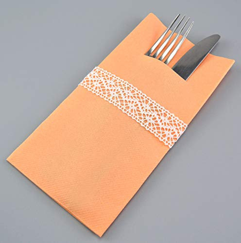 Pack of 12 Cutlery Napkins Apricot Ready Decorated with Lace Cotton Wedding with Slot Airlaid Fabric Similar to Premium Disposable Cutlery Pockets 1/8 Fold, Apricot/White, 12 Item