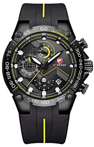 Affute Orologio da uomo cronografo sportivo impermeabile con cinturino in silicone, data, orologio da polso al quarzo luminoso - Nero giallo