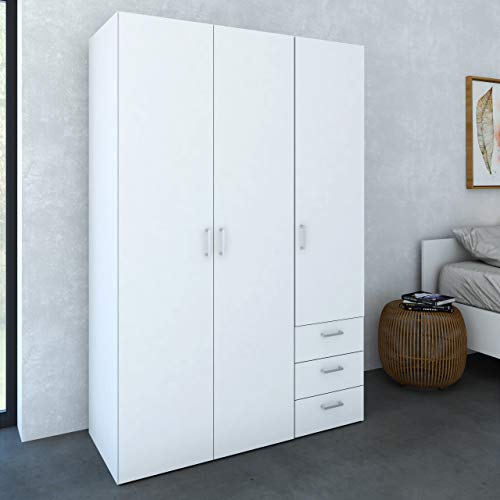 Dmora - Kleiderschrank mit drei Flügeltüren und drei Schubladen, Farbe Weiß, Maße 115 x 175 x 49 cm
