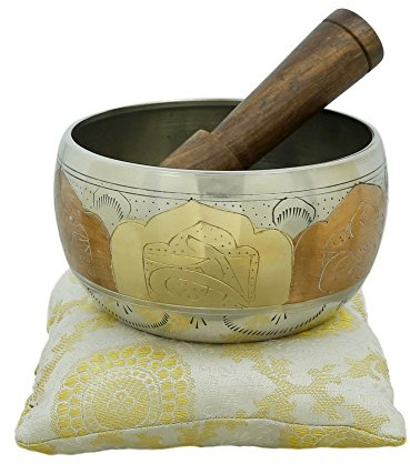 Ajuny Singing Bowl Tibetan Handmade Brass Sound Bowl Set Carved Art Design with Mallet & Cushion Easy to Play Meditation Yoga Mindfulness Chakra Healing Stress Relief Relaxation Gift Multicolour 4 In