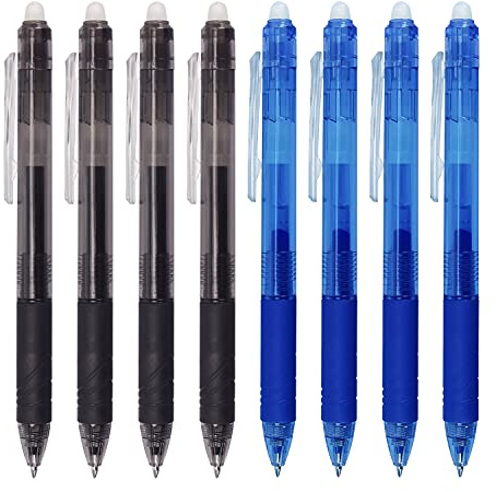 Bribobo 8 Pack Retractable Erasable Gel Pens Clicker Fine Point 0.7mm, Make Mistakes Disappear Comfort Grip for Drawing Writing Planner and School Supplies, Black and Blue Color Inks