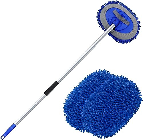 Car Wash Brush 160cm 63'' Car Cleaning Brush Long Handle, Microfibre Extendable Car Wash Mop Mitt Suitable for Washing Cars, SUV, Truck, Caravans and Household (2 x Mop Head), Blue