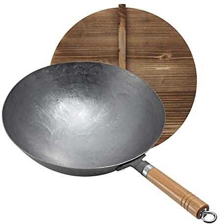 Vinbcorw Carbon Steel Wok, Wok Carbon Steel, Wok Gasbrenner, Abnehmbarer Griff 1,8 mm Dick Wok Mit Deckel (Rundboden),32cm