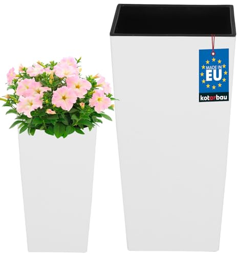 KOTARBAU® Macetero Cuadrado Con Inserto Interior 195 x 195 x 375 mm, Blanco Mate, Extraíble, De Plástico, Tiesto Decorativo Alto Para Interior y Exterior