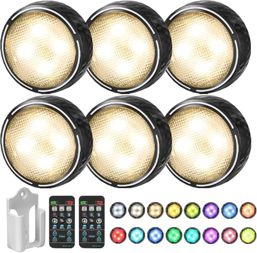 LED Puck Lights with Remote Battery Operated Under Cabinet Lighting Wireless Stick on Lights Color Changing Timer Tap Lights for Cabinets Shelves Closets Display Case - 6Pack Black