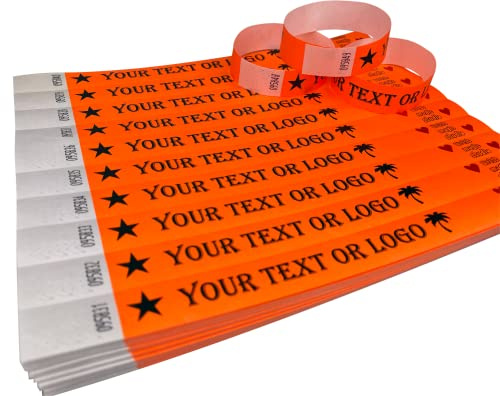 100 Neon Orange Individuell Bedruckte Tyvek-Armbänder mit Ihrem Personalisierten Text/Logo für veranstaltungen, Partys, Festivals, ID