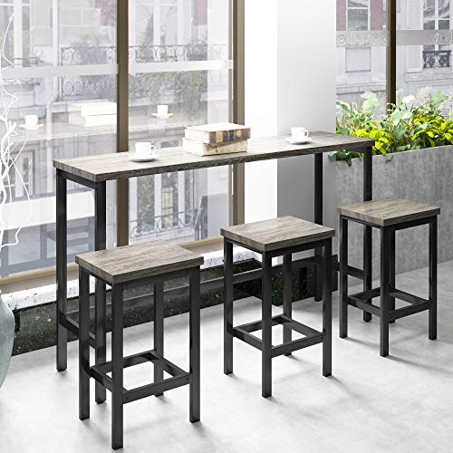 Harper & Bright Designs 4-Piece Dining Table Set, 60.2 L Solid Wood Dining Table with 3 Stools and Metal Frame for Kitchen Dining Room, Antique Grey + Black