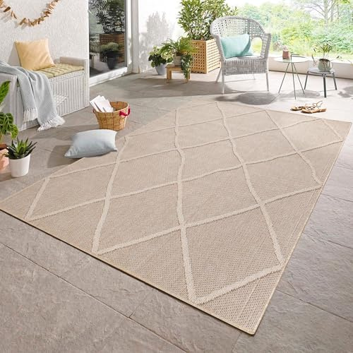 Carpetsale24 In & Outdoor Bouclé Teppich wetterfest Beige 140x200 cm Skandinavische Boho Design 3D Hoch Tief Effekt geeignet für Küche Wohnzimmer oder Terrasse