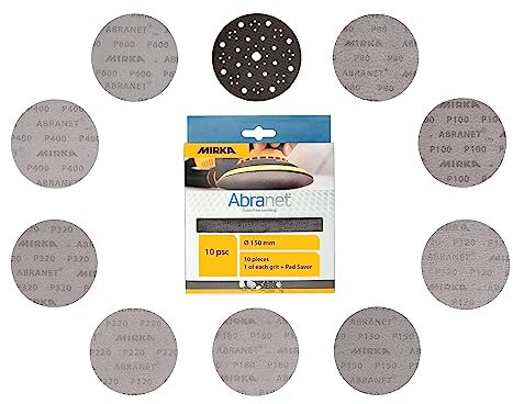 Mirka Abranet - dischi abrasivi in rete Ø 150mm a strappo/confezione mista 1 di ogni grana 80, 100, 120, 150, 180, 220, 320, 400, 600 + cuscinetto di protezione / 10 pz/Per levigatrici rotorbitali