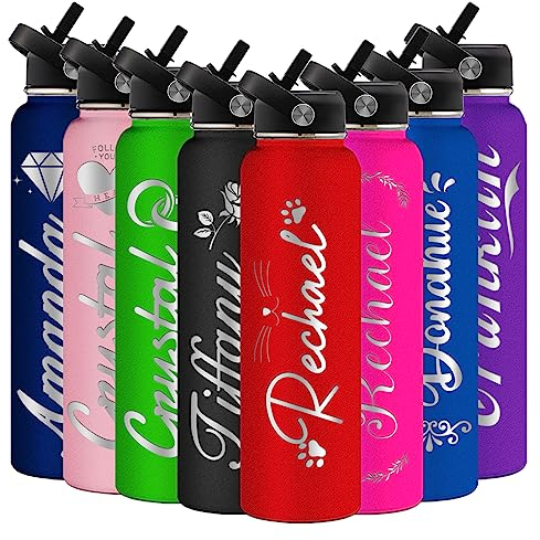Individuell gravierte Wasserflasche, isoliert mit Strohhalm, personalisierte Sport-Wasserflasche mit Namen, personalisieren Sie Edelstahl-Wasserflasche mit Strohhalm-Deckel für Männer und Frauen