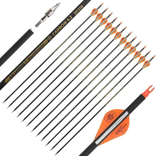 SHARROW Bogenschießen Carbonpfeile 30 Zoll Carbon Pfeile Jagd Ziel Praxis Pfeile Spine 300-600 Bogenpfeile Jagdpfeile für Compound Recurve Bogen Outdoor-Schießen (Spine 350, Orange)