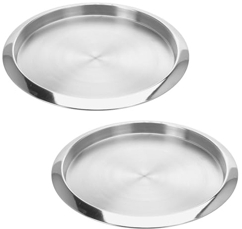 2X Edelstahl Tablett ø 35 cm Silber Serviertablett Rund Frühstückstablett Dekotablett Kellnertablett