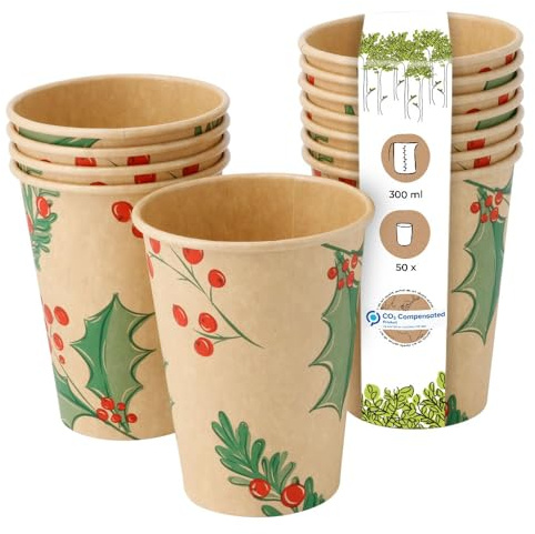 BIOZOYG 50 Stück braune Kaffeebecher Pappbecher Wintermotiv 'Zweige' 300ml / 12 oz - umweltfreundlich recycelbar & ungebleicht - Kaffeebecher to go