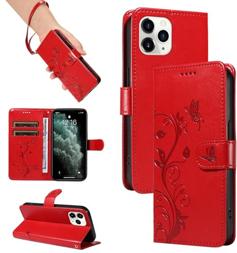SRISHP Hülle für iPhone 11 Pro Handyhülle, Rot | Premium PU Leder, Handyhülle Mit Band, Magnet Flip Case, Kartenfächer, Ständer Klappbar Tasche, Standfunktion Schutzhülle