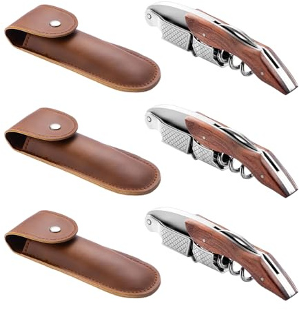 3-Pack Professional Waiter Corkscrew Wine Key with Leather Protection Gift Bag, Long Rosewood Handle Stainless Steel Handle Wine Opener for Bar Restaurant Waiters, Sommelier, Bartend, Rosewood Hand