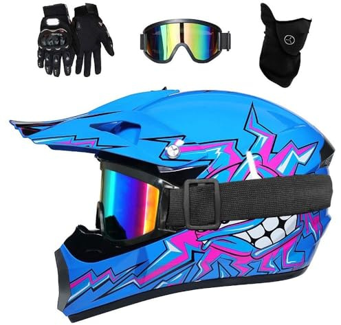 Youth Kids ATV Motocross Helmet Set, with Goggles Gloves Mask, Adult Full Face Off Road MTB Motorbike Helmet, BMX Enduro Downhill Quad Dirt Bike Crash Helmet, D.O.T Certified ( Color : Blue , Size : X