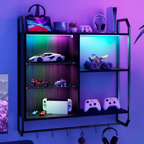 ARTETHYS Floating Shelves, Shelves for Wall, 83cm LED Wood Pipe Shelf with Adjustable Glass Shelve, Display Book Shelf with 6 Hooks for Bedroom Gaming Room Bar, Black Carbon Fiber