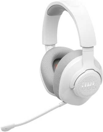 JBL Quantum 360 Casque gaming circum-auriculaire sans fil, double connexion 2,4 GHz et Bluetooth, autonomie 22 h, micro amovible, compatible avec plusieurs plateformes, blanc