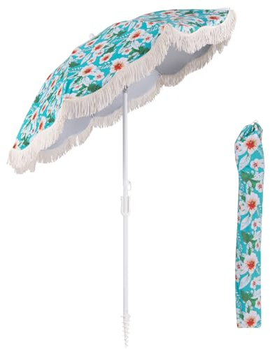 Sombrilla de Playa KOMFOTTEU con Flecos, Parasol Inclinable Botón, 8 Varillas, Portátil Jardín, Bolsa de Transporte, Protección Solar