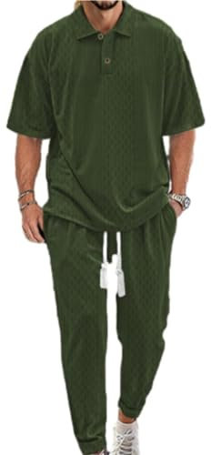 Freizeitset Herren Trend Lose 2 Stück Shirt Set Kurzarm All-Match Temperament Mode Poloshirt Herren Das Neue Revers T-Shirts Kurze Hose Freizeitanzug I-Army Green XL