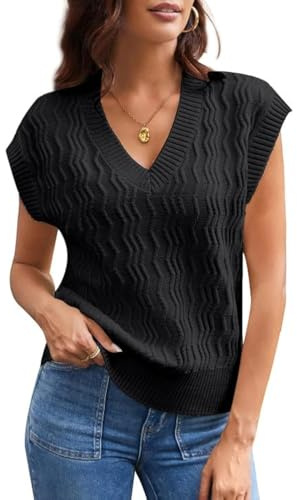 GRACE KARIN Maglione da donna con scollo a V a coste, senza maniche, casual, con maniche ad ali, Nero , XXL