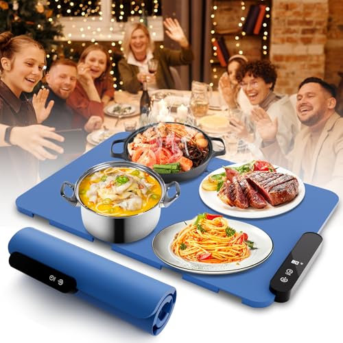Gamexop Bandeja de Calentamiento Eléctrico, Bandeja Calienta Platos con 5 Temperaturas Planas para Alimentos 40 °C a 100 °C, Regulables, para Fiestas, Buffets Fiestas, Viajes (Azul)