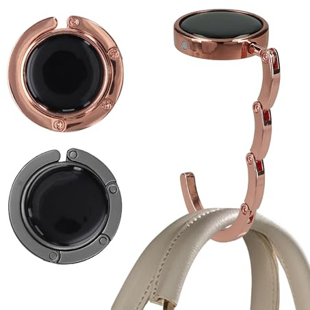 kwmobile Purse Hook for Table - Set of 2 Purse Holder - Folding Handbag Hanger - Portable Bag Holder - Bag Hooks for Desk - Table Hook Black Matte/Rose Gold