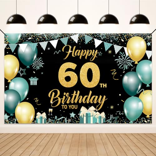 Koliphy 60. Geburtstagsdeko, 60. Happy Birthday Banner für Mann Frau, Grün Gold Stoff 60 Geburtstagsbanner Hintergrund Party Dekoration Drinnen und Draußen