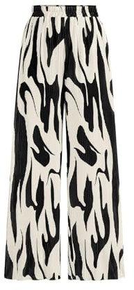PRETTYGARDEN Graphic Print Pleated Palazzo Pants for Women Dressy Petite High Waisted Wide Leg Casual Lounge Pants Women (Black on Beige, X-Large)