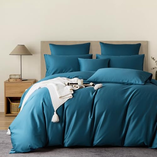 YASMENG Satin Bettwäsche 200x200 Petrol 100% Langstapelige Baumwolle Kühlend Mako Satin Bettwäsche Weich Seidig Atmungsaktiv Seide Bettbezug Set 3 Teilig mit Reißverschluss und 2 Kissenbezüge 80x80 cm