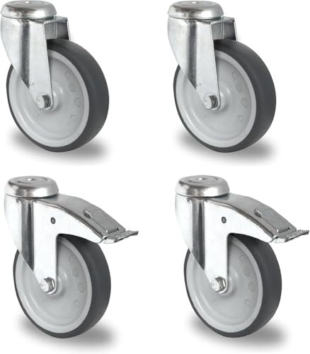 Rollensatz 75 mm – 4er-Set Apparaterollen – 2 Lenkrollen mit Bremse, 2 ohne – Polypropylen spurlos – Gleitlager – 240 kg dyn. Traglast – Rückenloch-Befestigung
