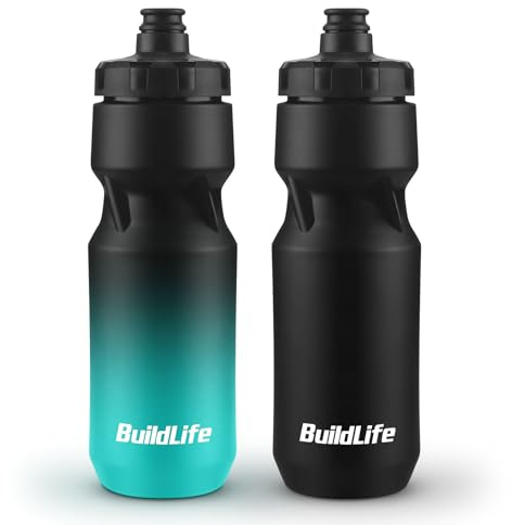 BuildLife 2 Pack Sports Water Bottle, 710ML Squeeze Water Bottle, Biking Water Bottles, BPA Free & Leakproof Cycling Bottles for Hiking, Outdoor Sports Dishwasher Safe (BlackBlue+Black)