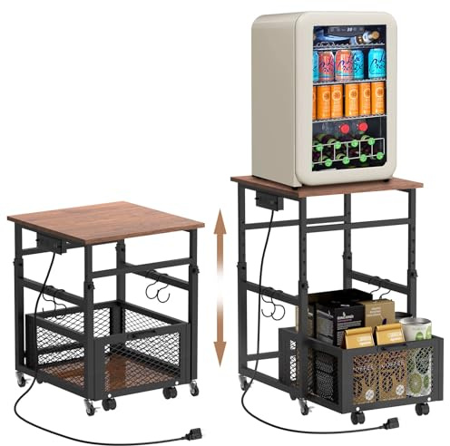 Mini Fridge Stand with Storage, Height Adjustable Small Refrigerator Stand with Wheels, Charging Station, Sturdy End Table for Microwave Oven Printer, Organizer Shelf for Dorm, Apartment, Kitchen Home