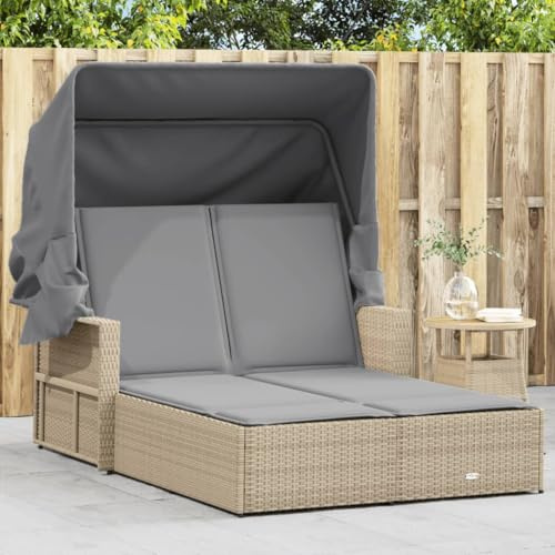 IKAYAA Doppelliege Outdoor 2 Personen Sonnenliege 2 Personen mit Ausziehbares Sonnendach Rattan Sonnenliege Loungebett Gartenbett mit Auflage Liege Outdoor Rattanliege Verstellbar Mischung aus Beige