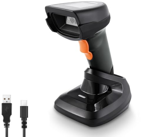 JRHC 2D Drahtloser Barcode-Scanner, Automatischer Barcode-Leser mit 1,8-Zoll-Display-Bildschirm, Wiederaufladbarer Handheld-Barcode-Leser mit 2,4G Drahtlosem Dongle Eingebaut in Base, Plug and Play