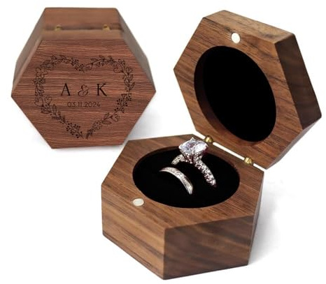 Individuelle Walnuss-Ringbox mit magnetischem Retro-Holzringträger | Samtweiches Innenfutter, Schmuck-Aufbewahrungsbox aus Holz, ideal für Antrag, Verlobung, Hochzeit und Jubiläum.