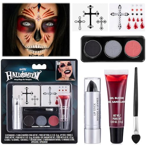 ALLONY Halloween Schminke Schwarz Weiß, Face Paint, Theaterschminke, Lippenstift Schwarz, Kunstblut, Strass Aufkleber, Rauchige Augen, Goth Makeup, Bodypainting Farben für Halloween Bühne Cosplay