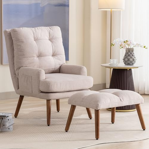 DRIXNO Loungesessel mit Fußstütze, Rückenlehne 5-stufig Verstellbar, Neigbar, Stuhl mit Seitlicher Ablage,Beige