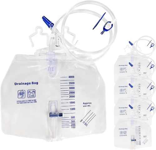 5 Pack Urinary Drainage Bag 4000 mL, Urine Bag with Anti-Reflux Chamber, 48 Drainage Tube, Clips and Hanging Hook, Catheter Bags for Medical or Home Use