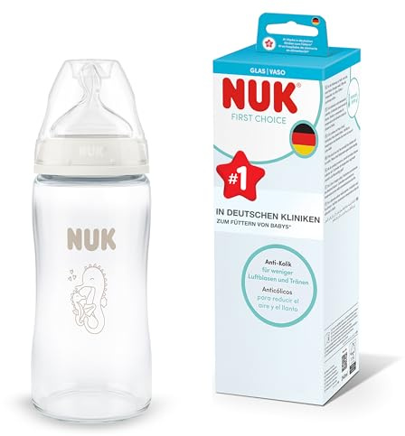 NUK First Choice Biberon | 3+ mesi | 240 ml | Biberon anti-colica | Vetro | Indicatore di controllo della temperatura | Cavalluccio marino | Confezione da 1