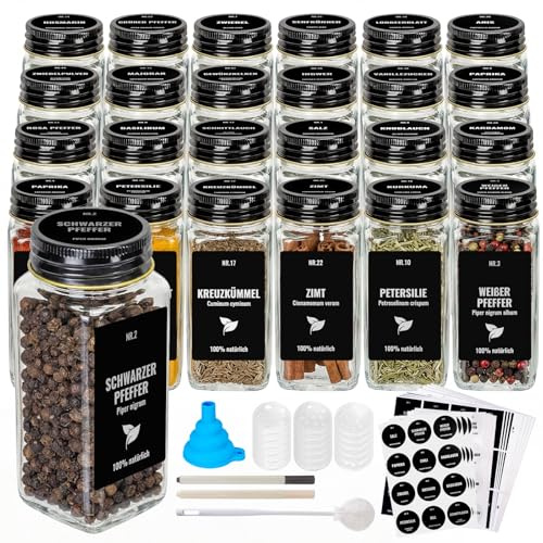Boic Gewürzgläser Eckig 24er, 120ml Gewürzstreuer Mit Schwarz Deckel | Gewürzdosen Glas Gewürz Organizer Gewürzbehälter Spice Jars Mit Etiketten, Streueinsatz, Reinigungsbürste, Trichter, Stift