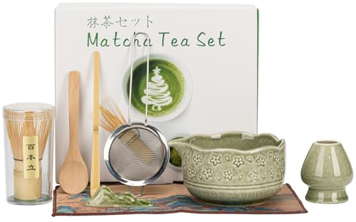 8Pcs Matcha Whisk Set, Matcha Tea Set, Ceramic Matcha Making Kit with Bowl, Bamboo Whisk & Holder, Stainless Sifter, Tea Towel, Scoop & Scoop Rest, Perfect for Beginners & Lovers (Green)