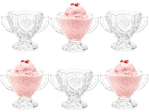 Ice Cream Glass Dessert Bowls Set of 6,Ice Cream Glass Dessert Bowls 200ml for Sundaes Cocktails Fruits Salads and Puddings,Unique Trumpet Shape Thick Base Elegant Design Ideal for Parties and Everyda