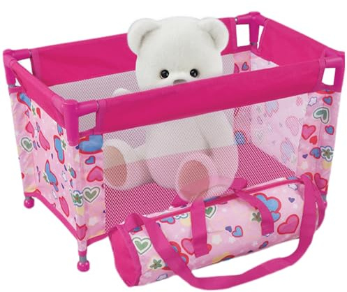 Pesoncarl Cuna para muñecas de 18 Pulgadas, Cama Plegable de Malla para muñecas, Parque Infantil con patrón de corazón, Paquete portátil y Juego con Bolsa de Transporte para niños Mayores de 3 años