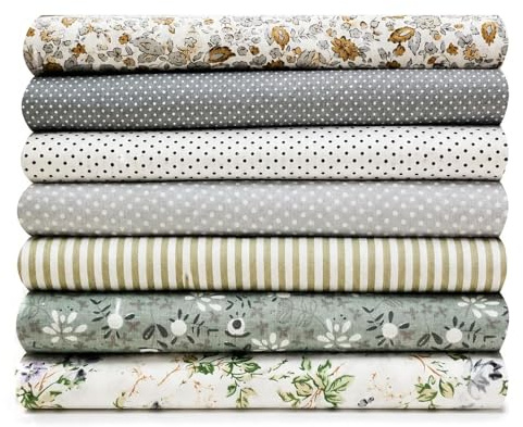 NEUJUS 7er Set Baumwollstoff 50x50cm – Stoff Meterware aus 100% Baumwolle, Patchwork Stoffe Paket, Stoffreste zum Nähen, Basteln & Quilten, Verschiedene Designs, DIY Stoffe (7 Stück Grey Print)